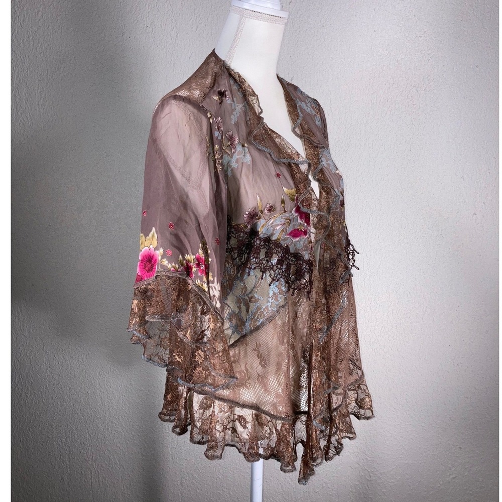 Spencer Alexis Boho Floral Embroidered Lace Kimono Brown Sheer Open Front Top - Picture 7 of 10
